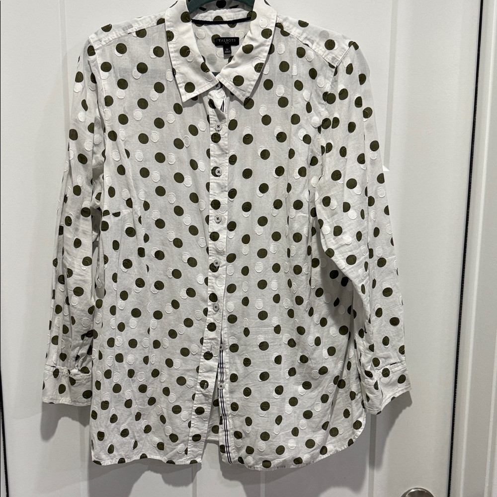 Talbots White Button-Down Shirt with Olive Green Polka Dots. Pit to pit 23”